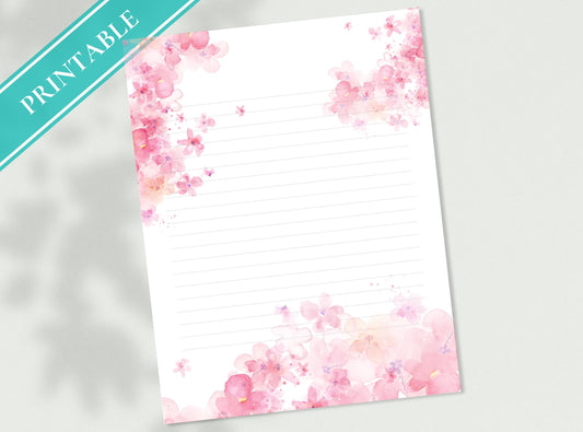 Cherry Blossoms Printable Stationery Paper - Pink Florals, Journal Writing Paper, Letter, Note, Lined Paper, GoodNotes | Sakura