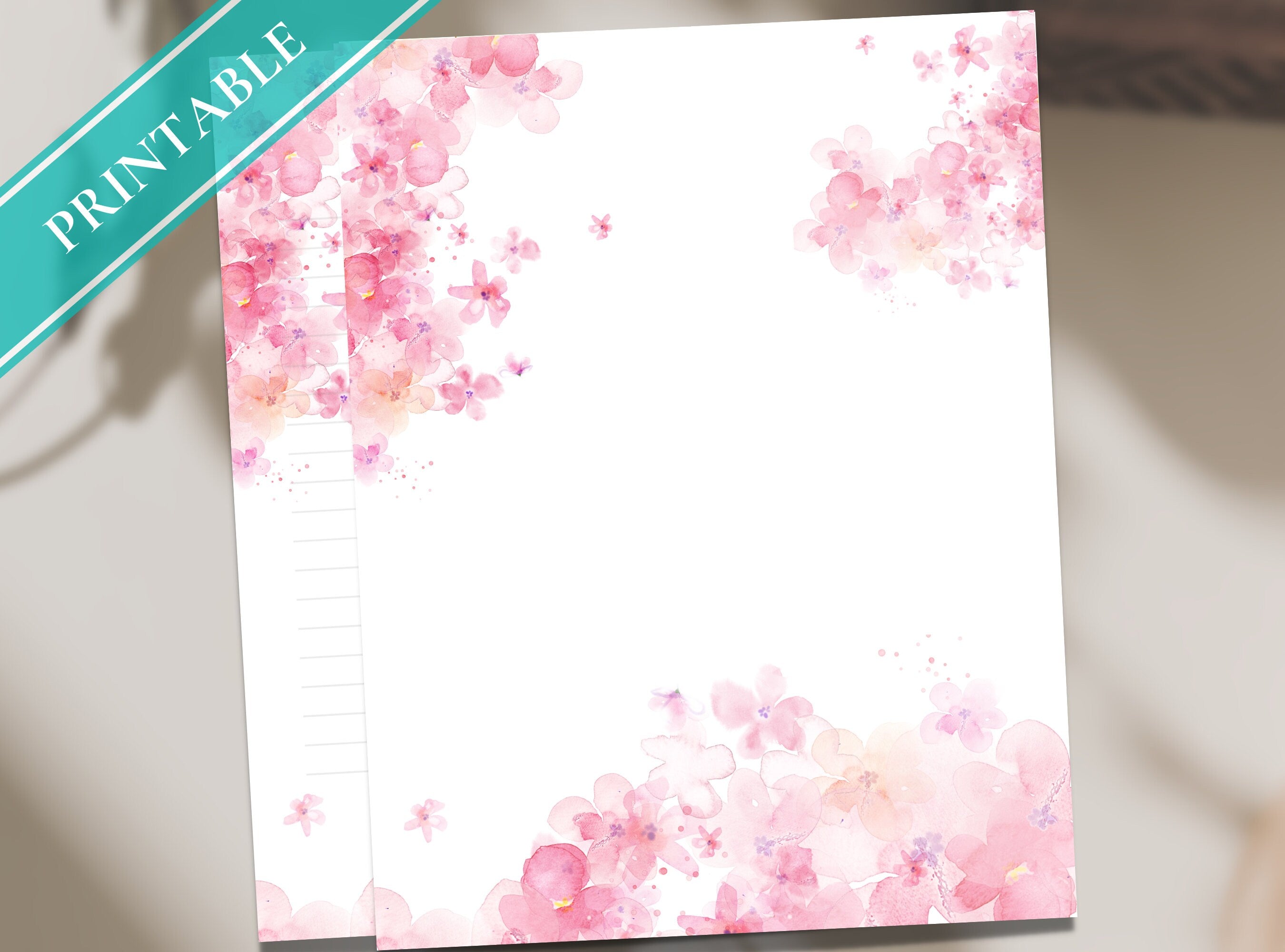 Cherry Blossoms Printable Stationery Paper - Pink Florals, Journal Writing Paper, Letter, Note, Lined Paper, GoodNotes | Sakura