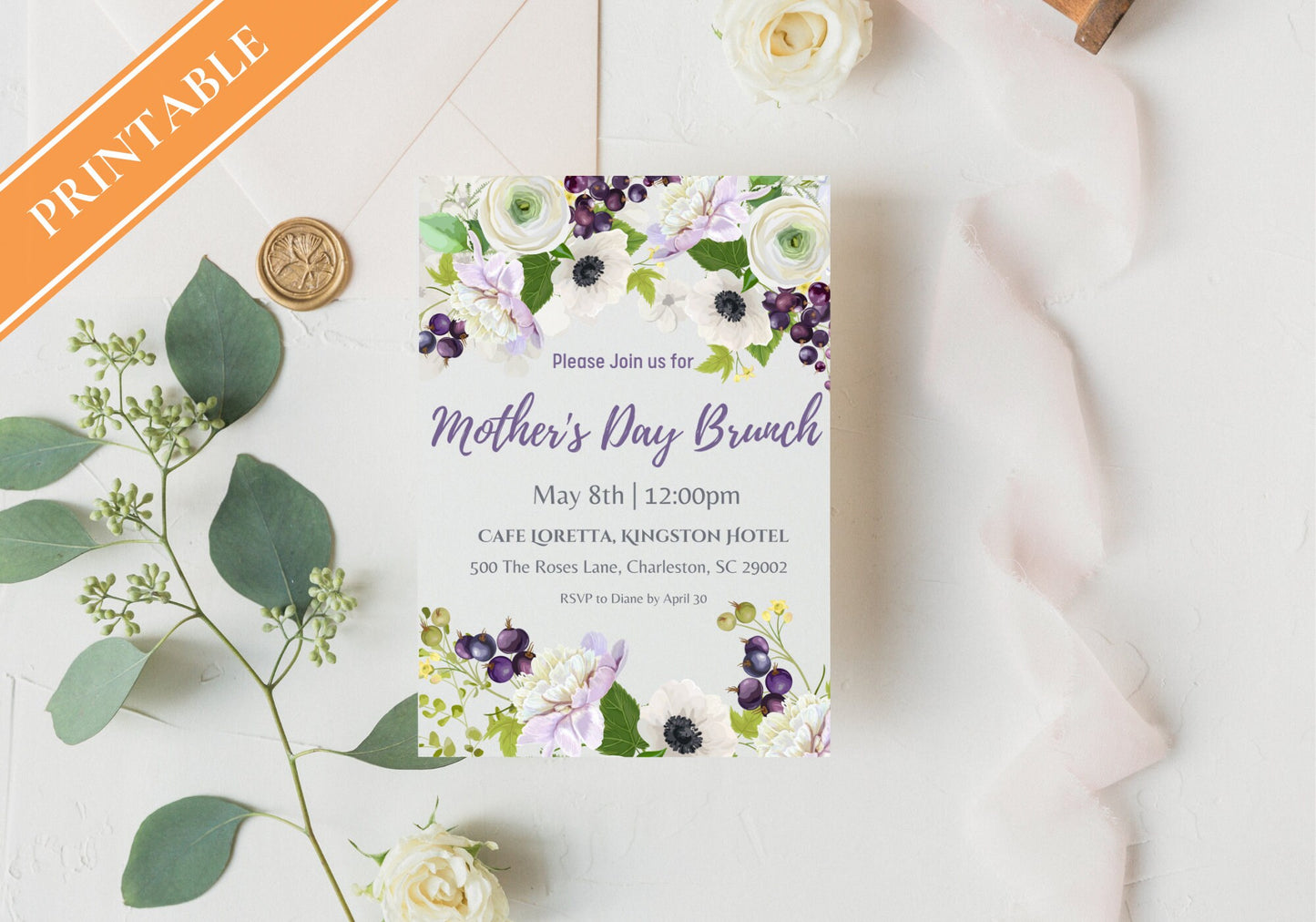 Mother's Day Brunch Invite - Light Purple Florals Invitation, Mother's Day Invite, Easter Brunch Invite