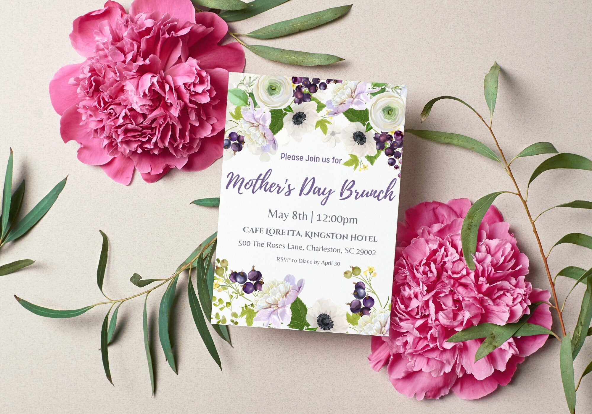 Mother's Day Brunch Invite - Light Purple Florals Invitation, Mother's Day Invite, Easter Brunch Invite