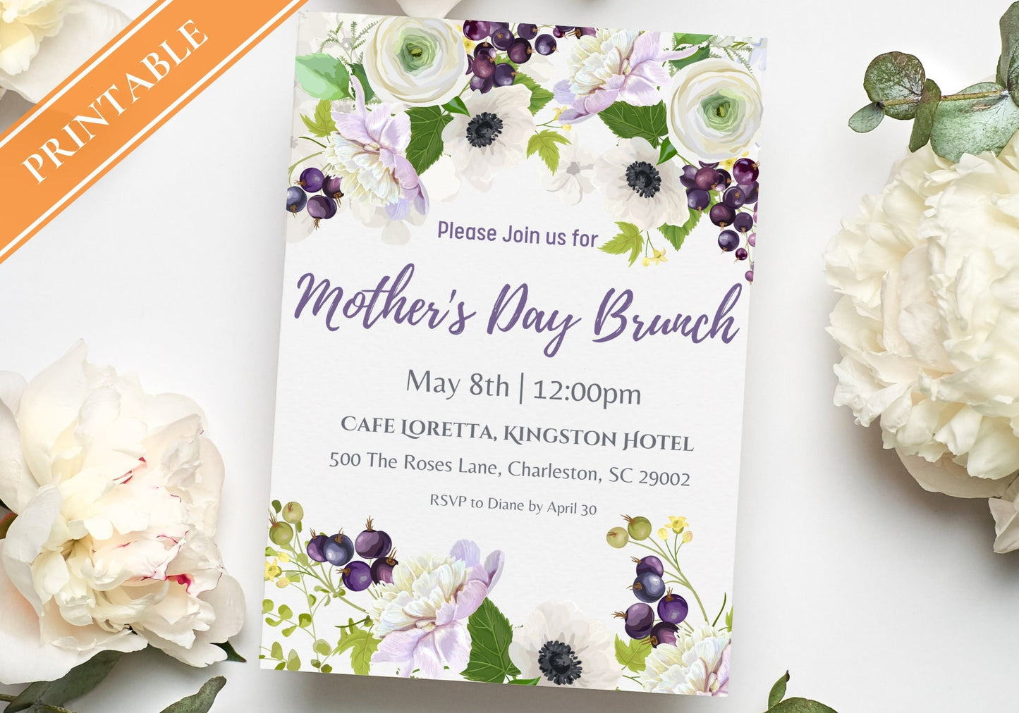 Mother's Day Brunch Invite - Light Purple Florals Invitation, Mother's Day Invite, Easter Brunch Invite