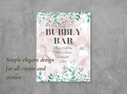 Mimosa Bar Sign - Bubbly Bar Sign, Champagne, Open Bar Wedding Bar Printable Sign - Pink Florals Blossoms Drinks Menu Sign