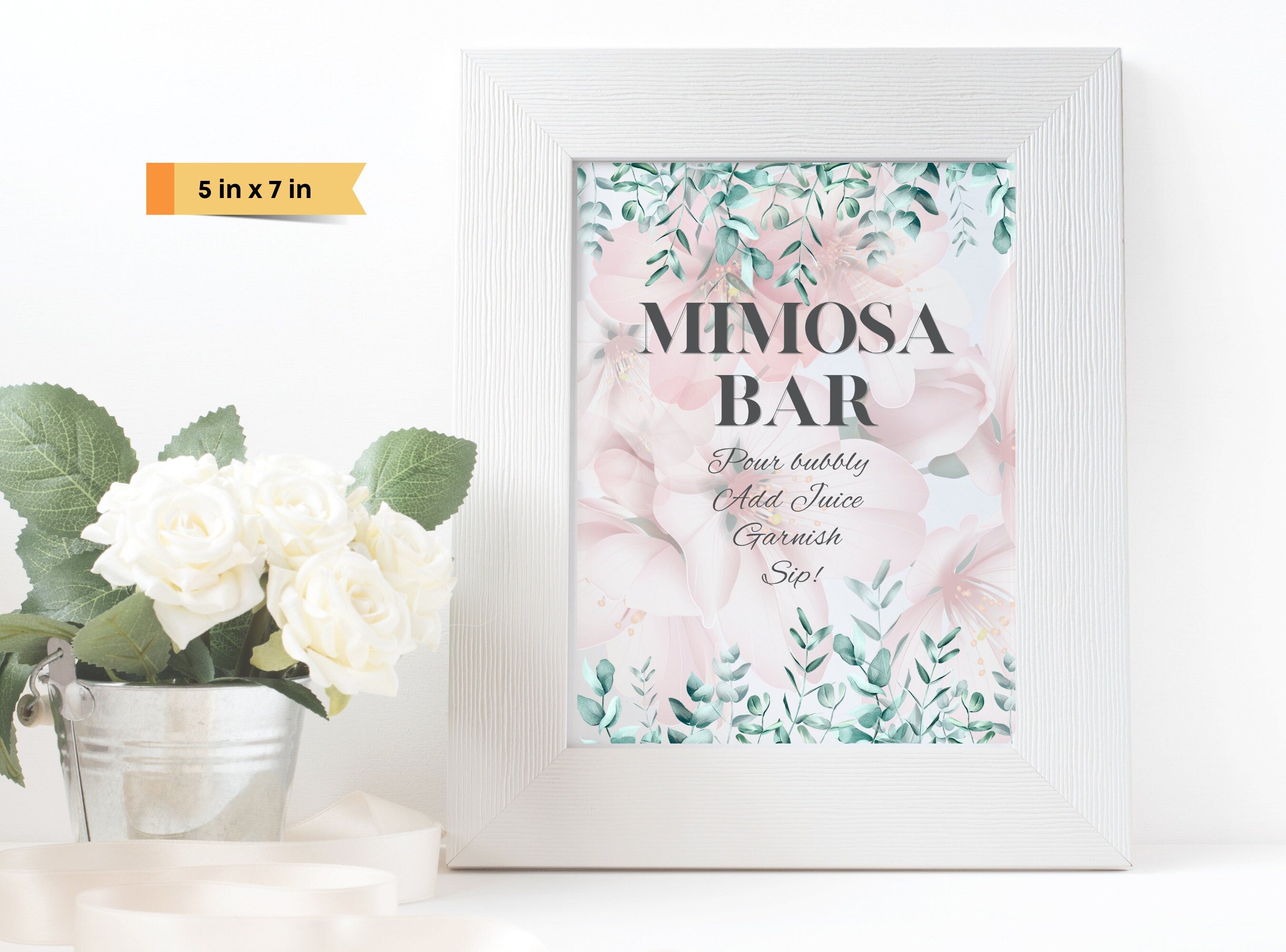 Mimosa Bar Sign - Bubbly Bar Sign, Champagne, Open Bar Wedding Bar Printable Sign - Pink Florals Blossoms Drinks Menu Sign