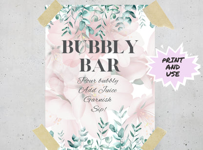 Mimosa Bar Sign - Bubbly Bar Sign, Champagne, Open Bar Wedding Bar Printable Sign - Pink Florals Blossoms Drinks Menu Sign