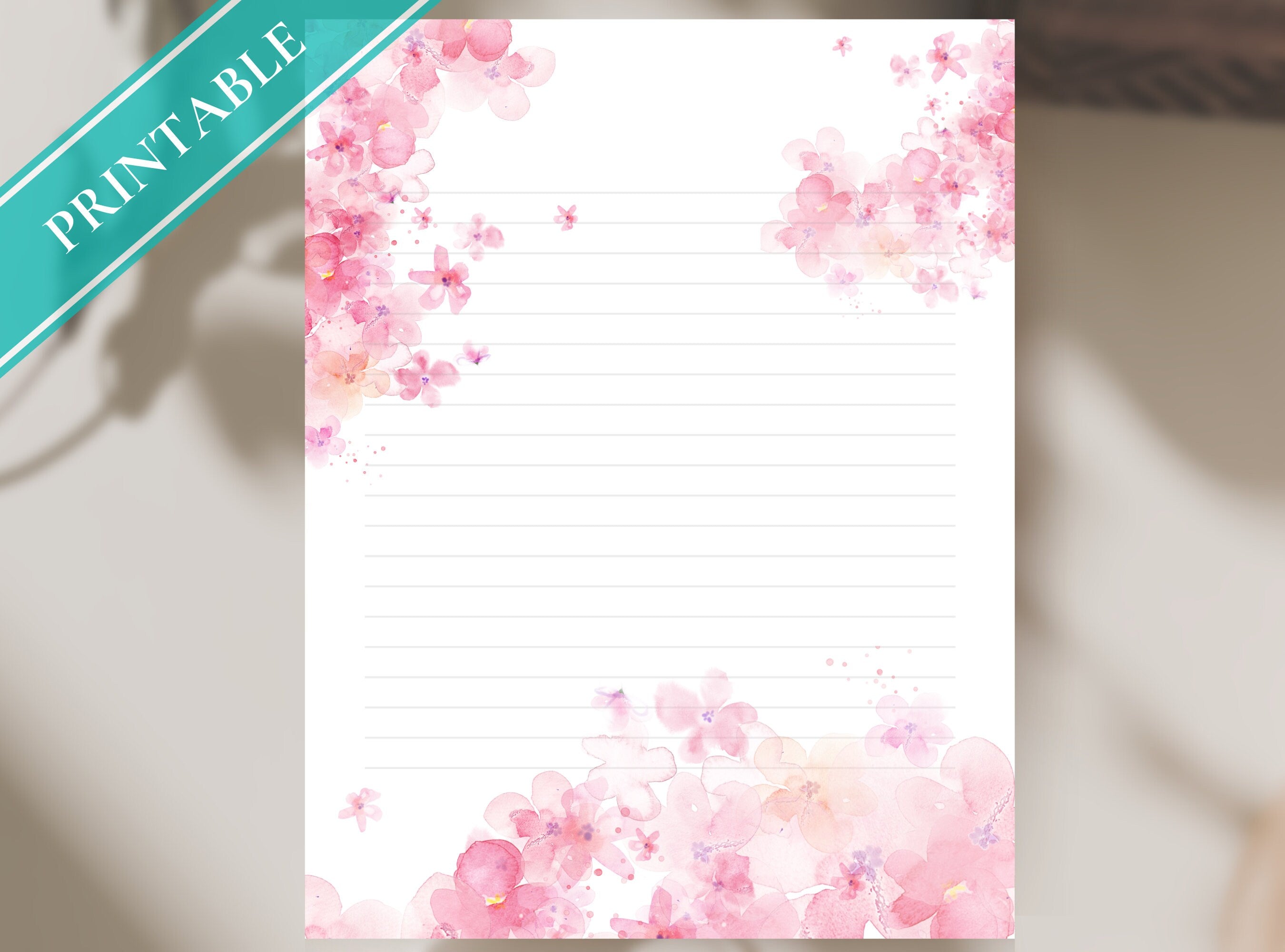 Cherry Blossoms Printable Stationery Paper - Pink Florals, Journal Writing Paper, Letter, Note, Lined Paper, GoodNotes | Sakura