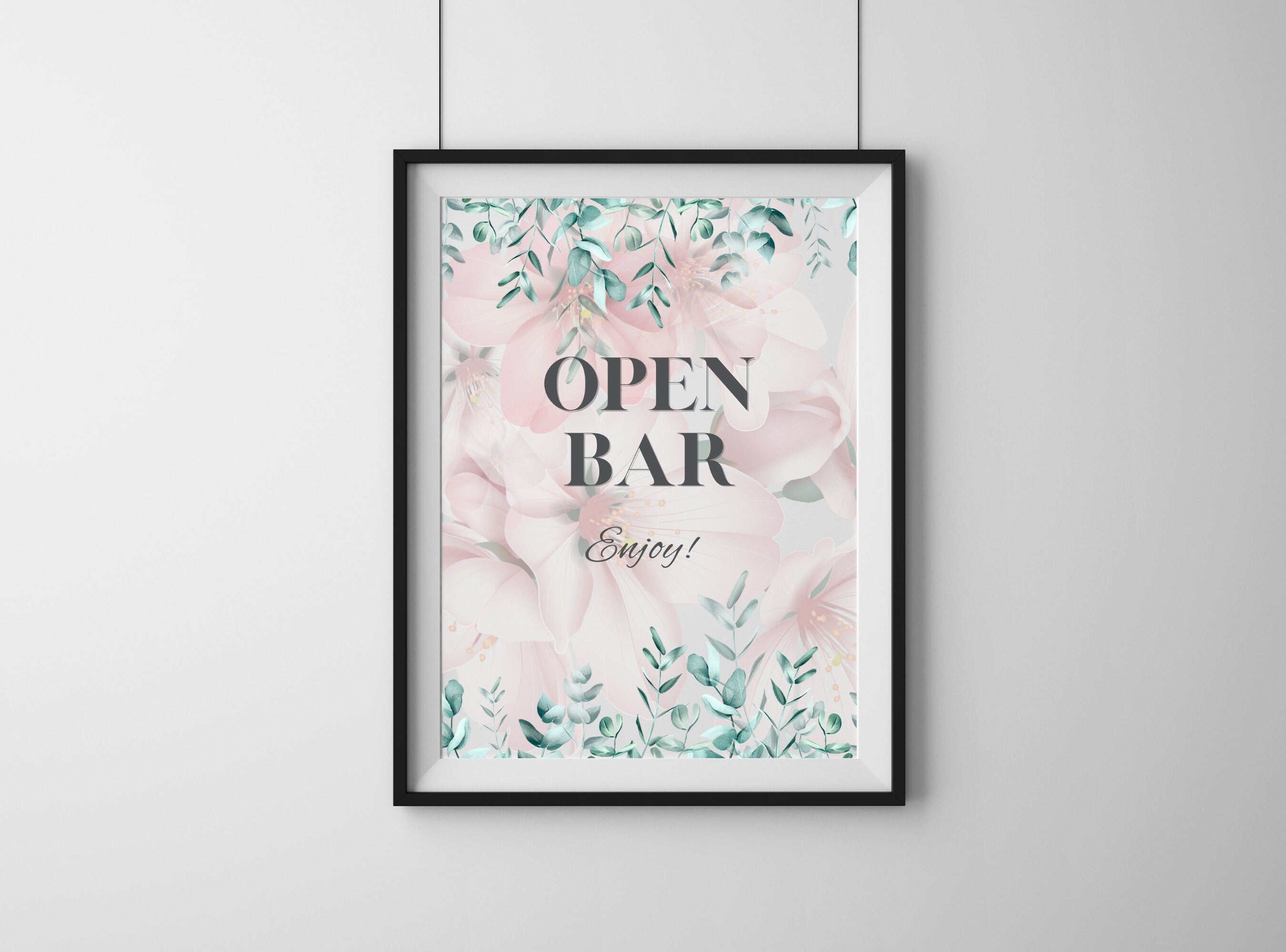 Mimosa Bar Sign - Bubbly Bar Sign, Champagne, Open Bar Wedding Bar Printable Sign - Pink Florals Blossoms Drinks Menu Sign