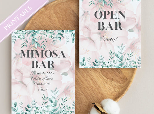 Mimosa Bar Sign - Bubbly Bar Sign, Champagne, Open Bar Wedding Bar Printable Sign - Pink Florals Blossoms Drinks Menu Sign