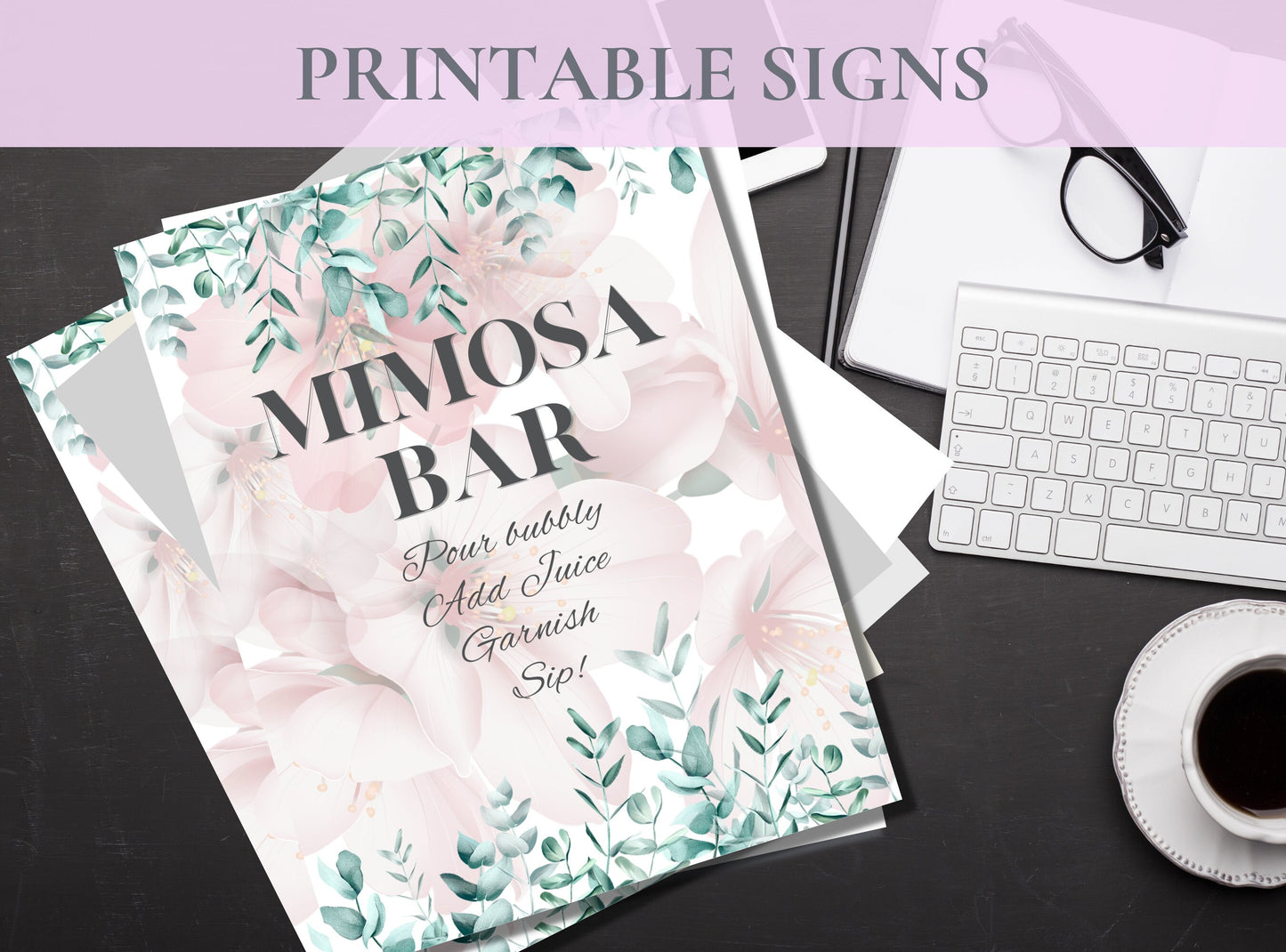 Mimosa Bar Sign - Bubbly Bar Sign, Champagne, Open Bar Wedding Bar Printable Sign - Pink Florals Blossoms Drinks Menu Sign