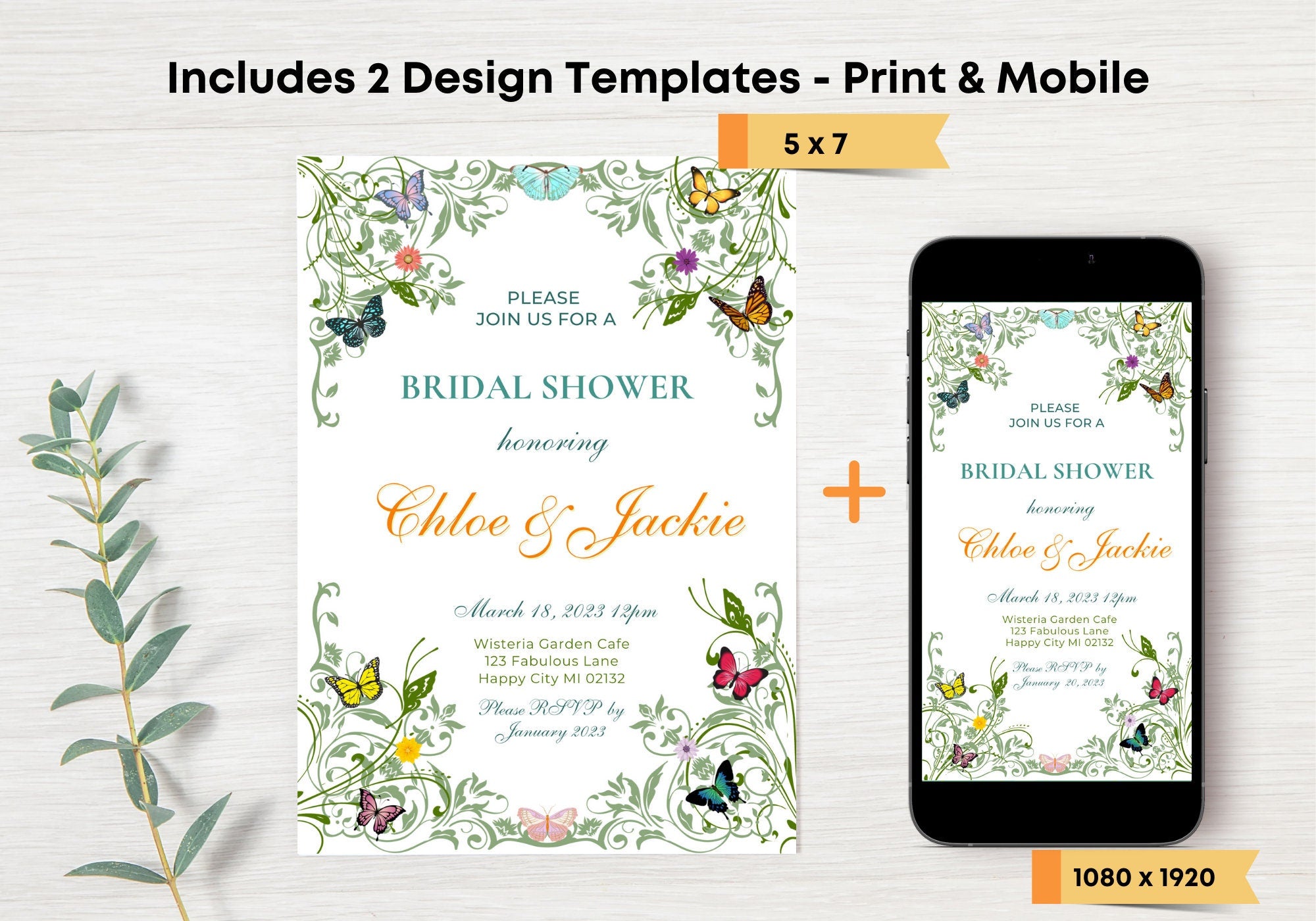 Butterfly BRIDAL Shower Party Invitation TEMPLATE - BABY Shower, Bridal Party Invite | Butterflies with Floral Greenery Motif