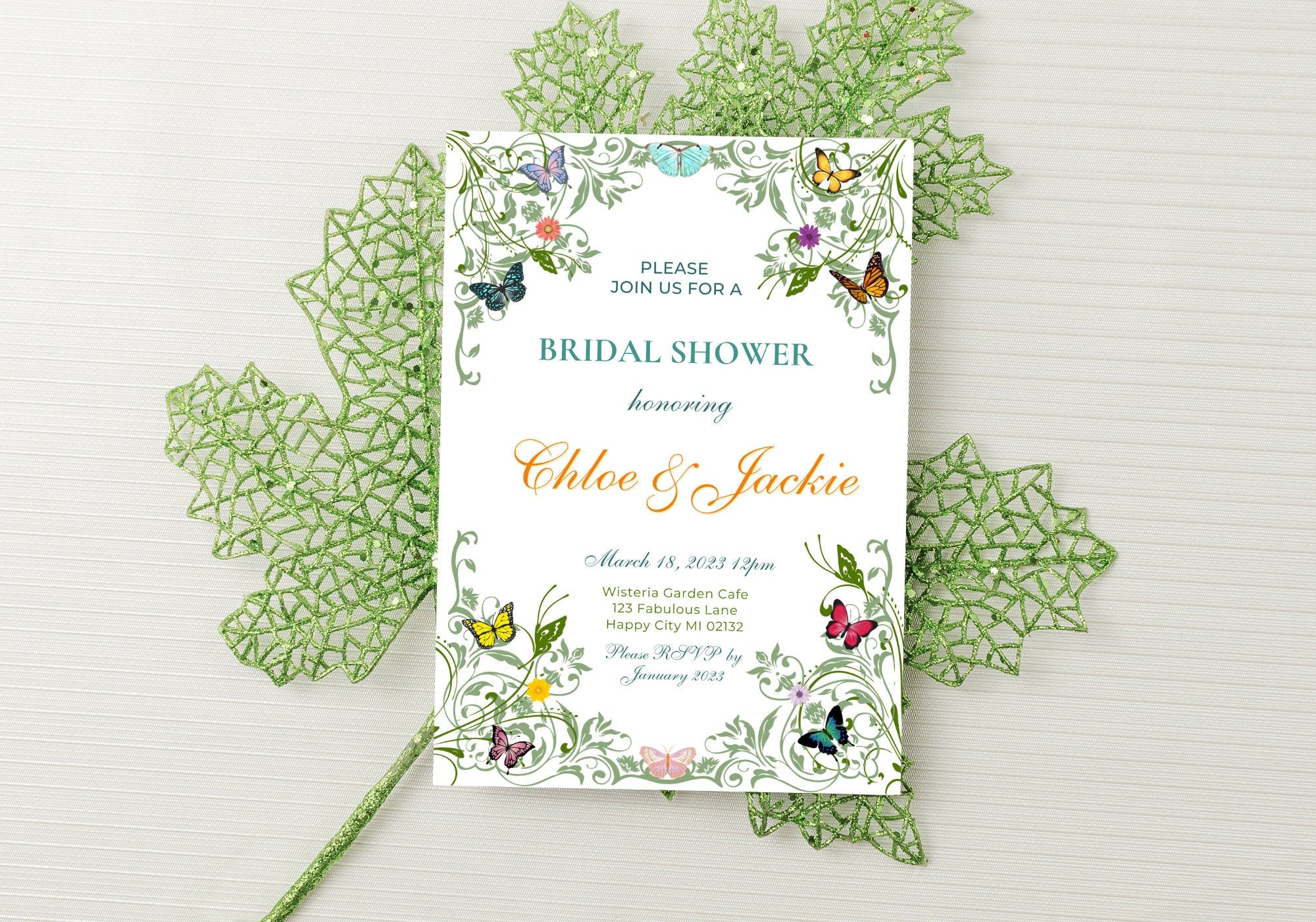 Butterfly BRIDAL Shower Party Invitation TEMPLATE - BABY Shower, Bridal Party Invite | Butterflies with Floral Greenery Motif