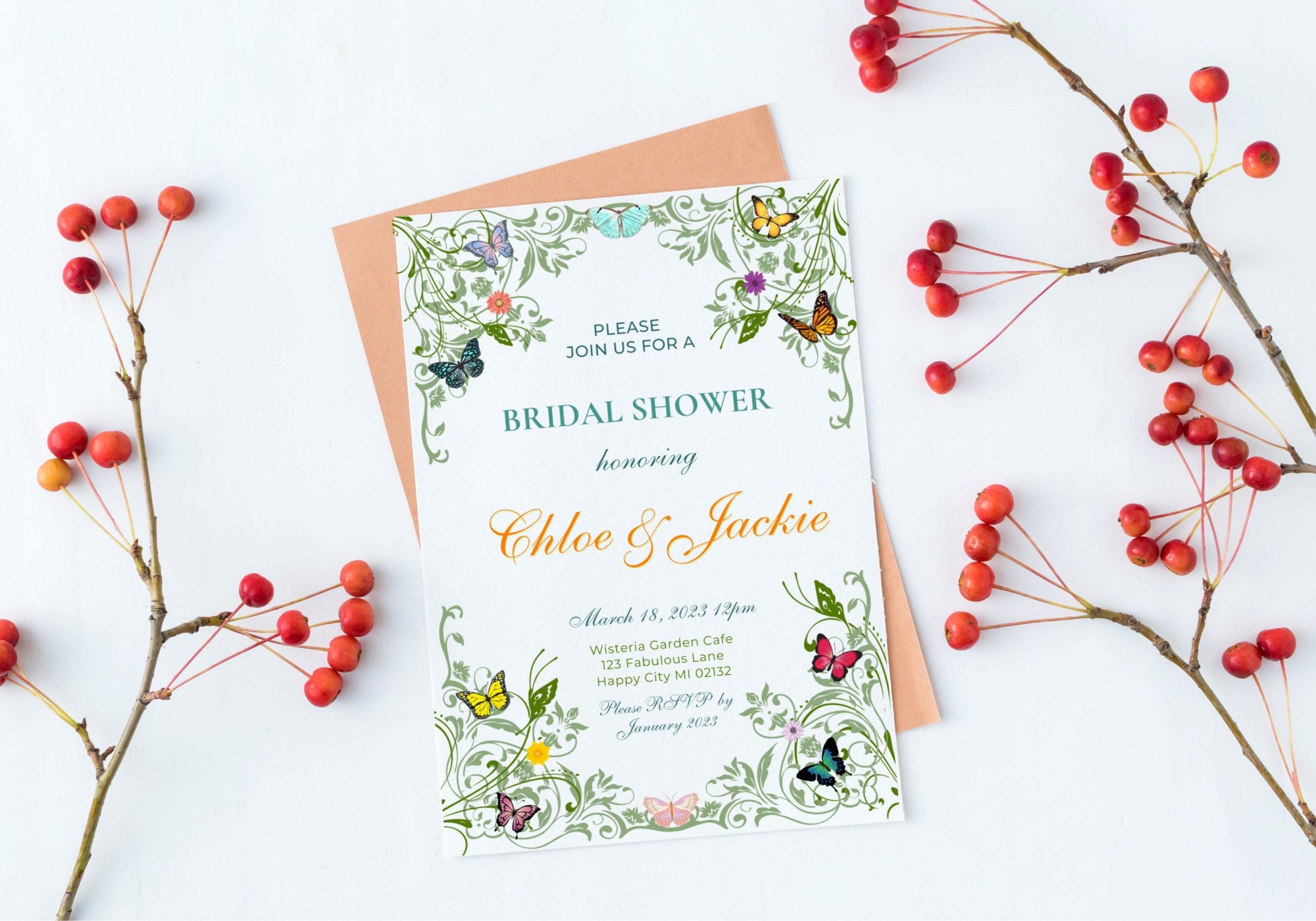 Butterfly BRIDAL Shower Party Invitation TEMPLATE - BABY Shower, Bridal Party Invite | Butterflies with Floral Greenery Motif