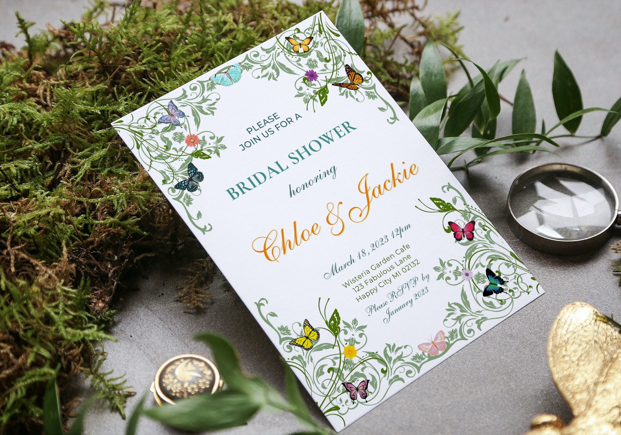 Butterfly BRIDAL Shower Party Invitation TEMPLATE - BABY Shower, Bridal Party Invite | Butterflies with Floral Greenery Motif