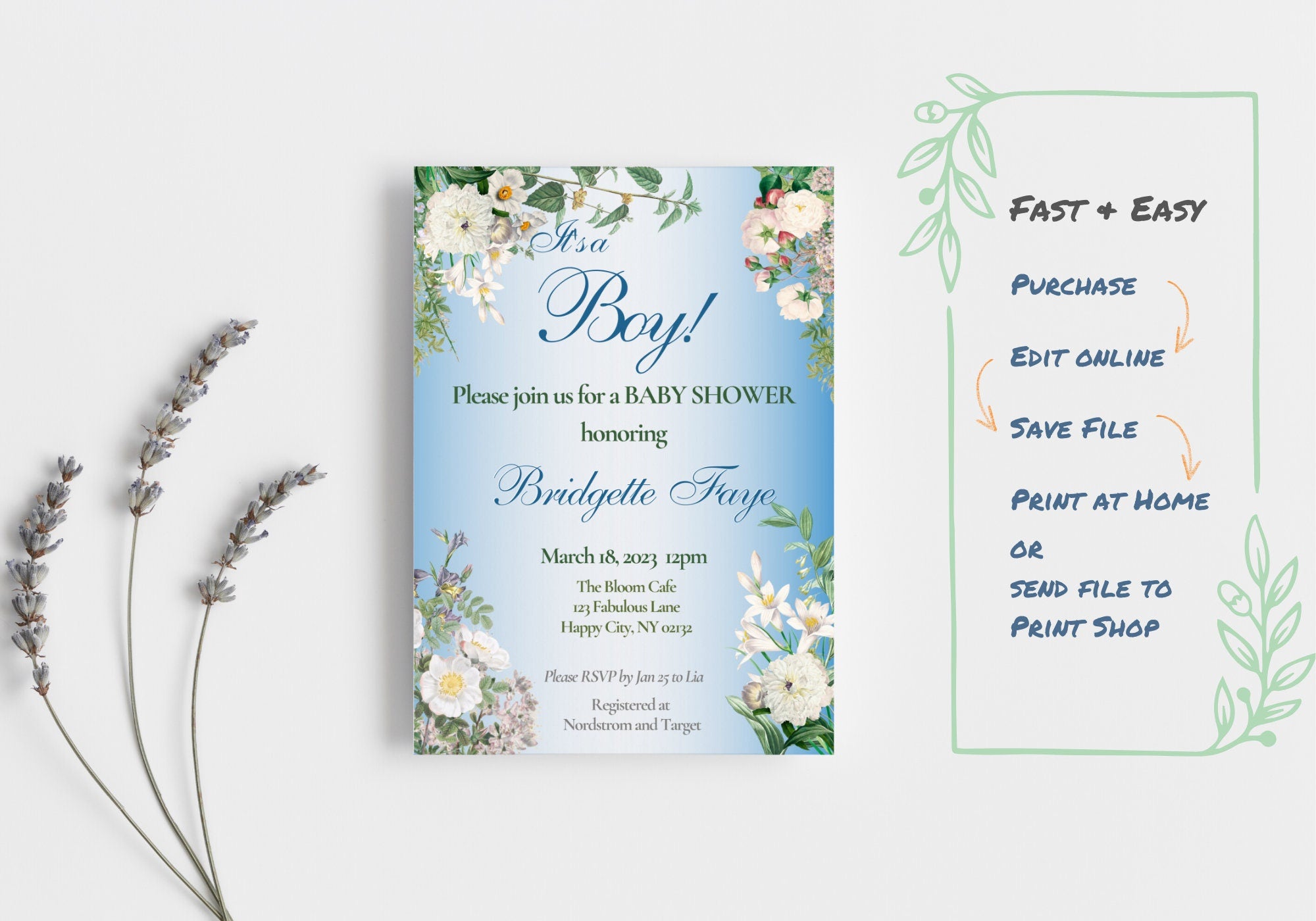 BABY BOY Shower Party Invitation Template - Baby Reveal BABY Shower Invite | Beautiful White Florals Baby Blue