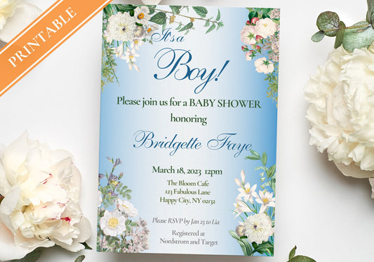 BABY BOY Shower Party Invitation Template - Baby Reveal BABY Shower Invite | Beautiful White Florals Baby Blue