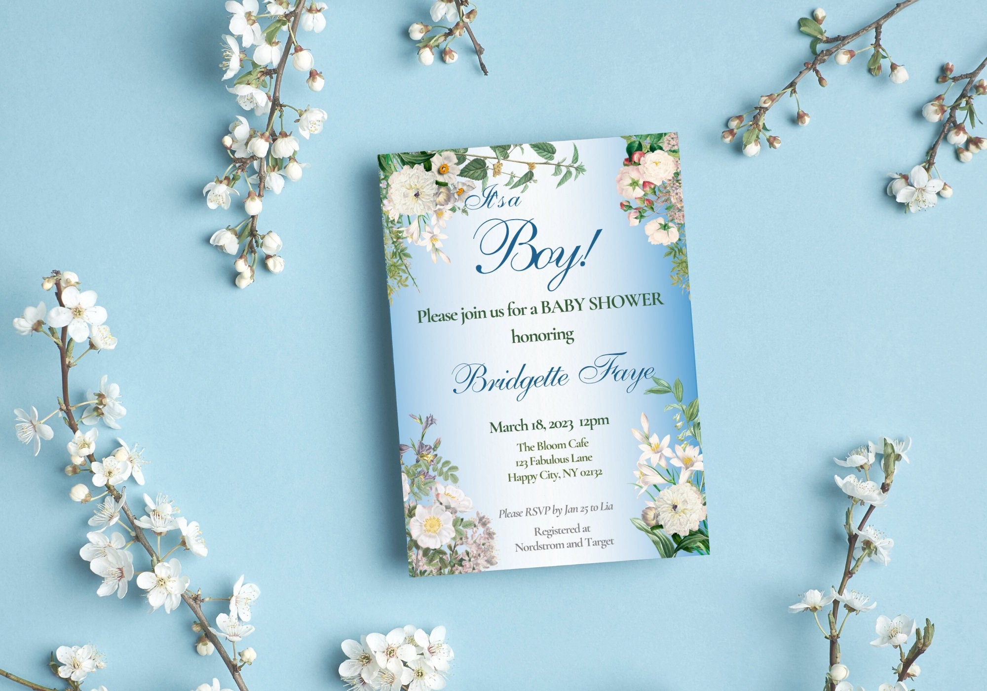 BABY BOY Shower Party Invitation Template - Baby Reveal BABY Shower Invite | Beautiful White Florals Baby Blue