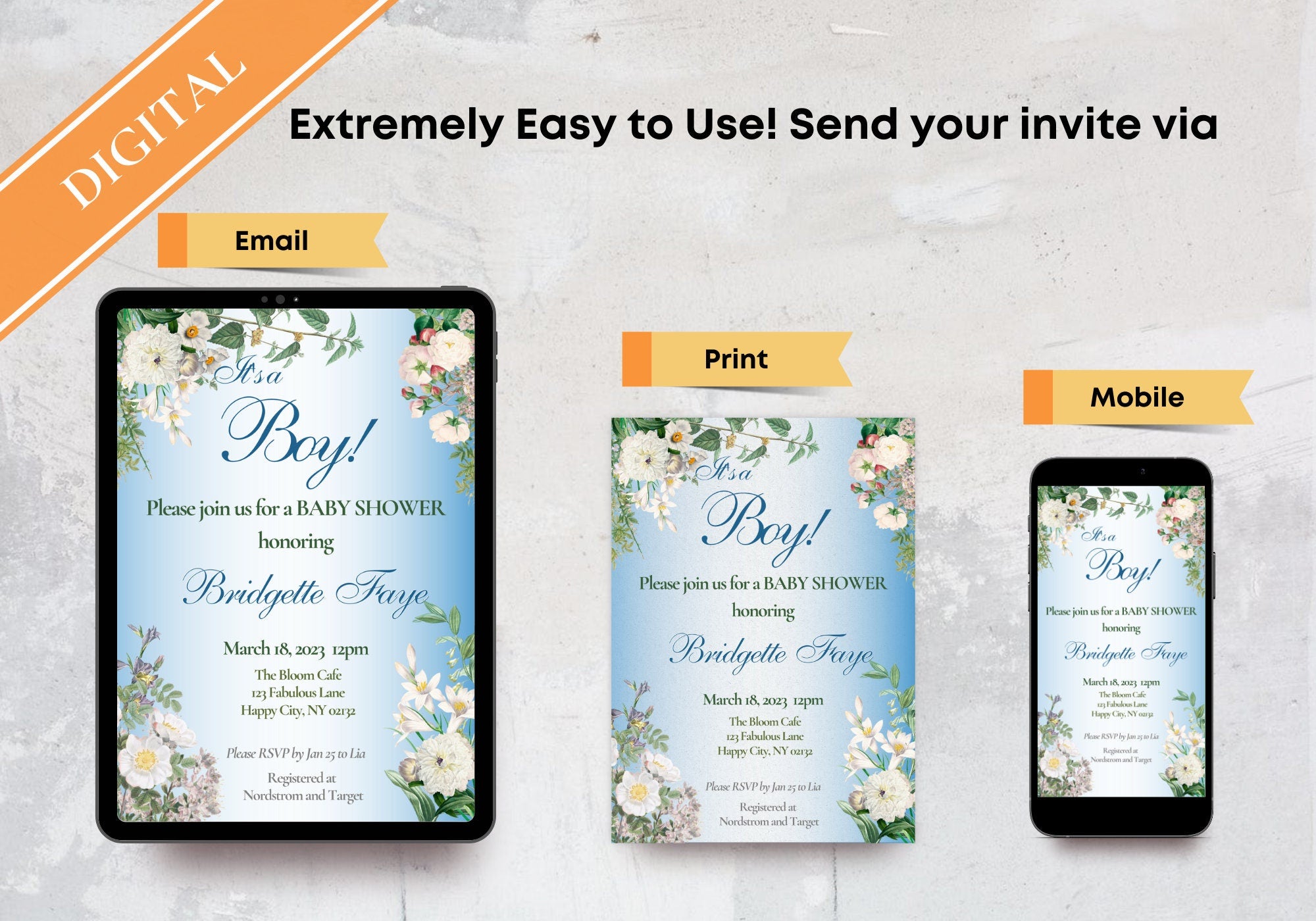 BABY BOY Shower Party Invitation Template - Baby Reveal BABY Shower Invite | Beautiful White Florals Baby Blue