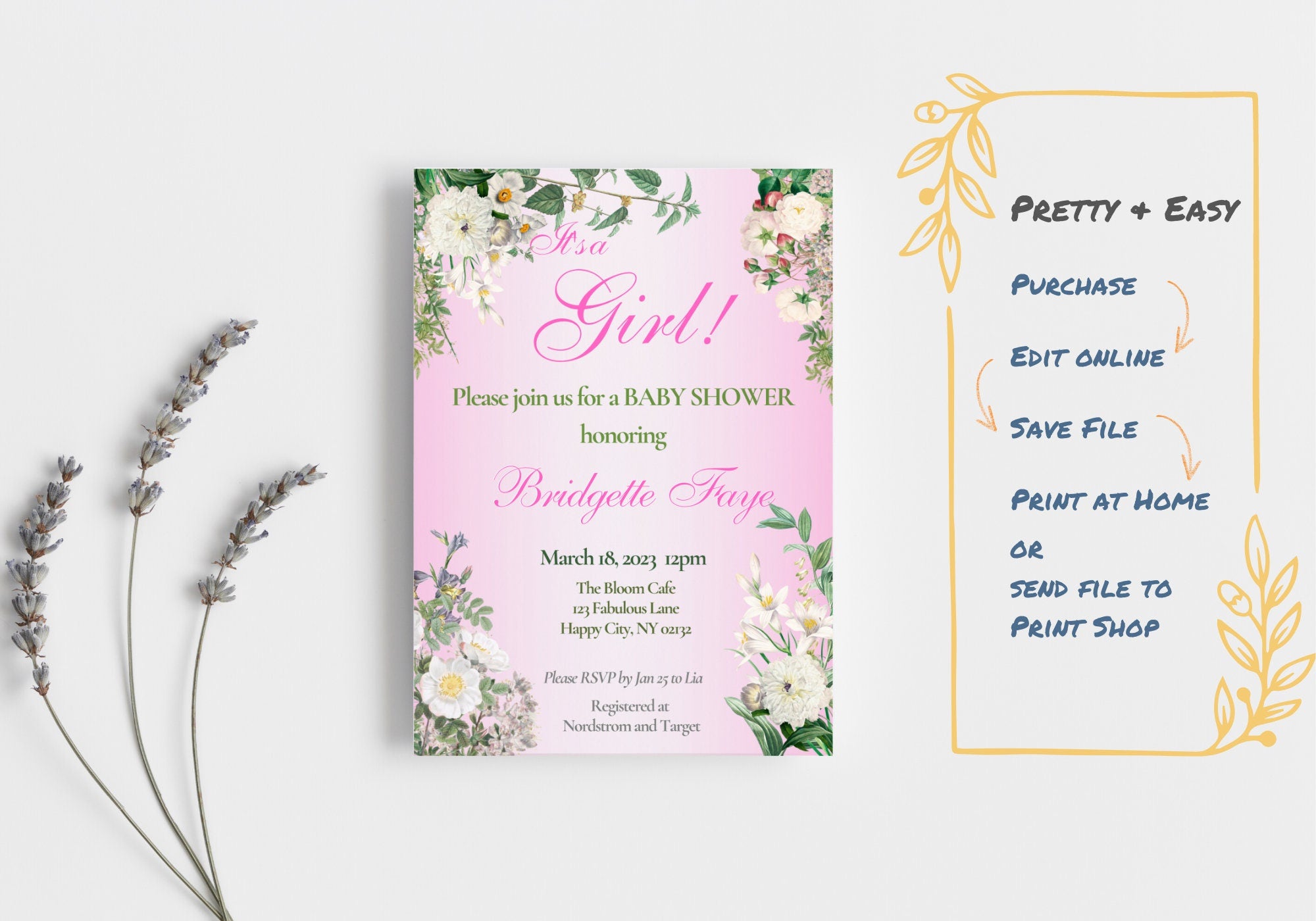 BABY GIRL Shower Party Invitation Template - Baby Reveal BABY Shower Invite First Born | Beautiful White Florals in Pink