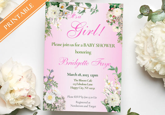 BABY GIRL Shower Party Invitation Template - Baby Reveal BABY Shower Invite First Born | Beautiful White Florals in Pink