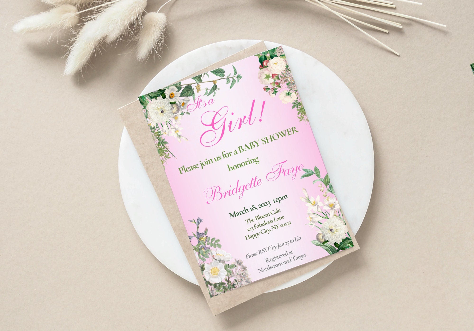 BABY GIRL Shower Party Invitation Template - Baby Reveal BABY Shower Invite First Born | Beautiful White Florals in Pink