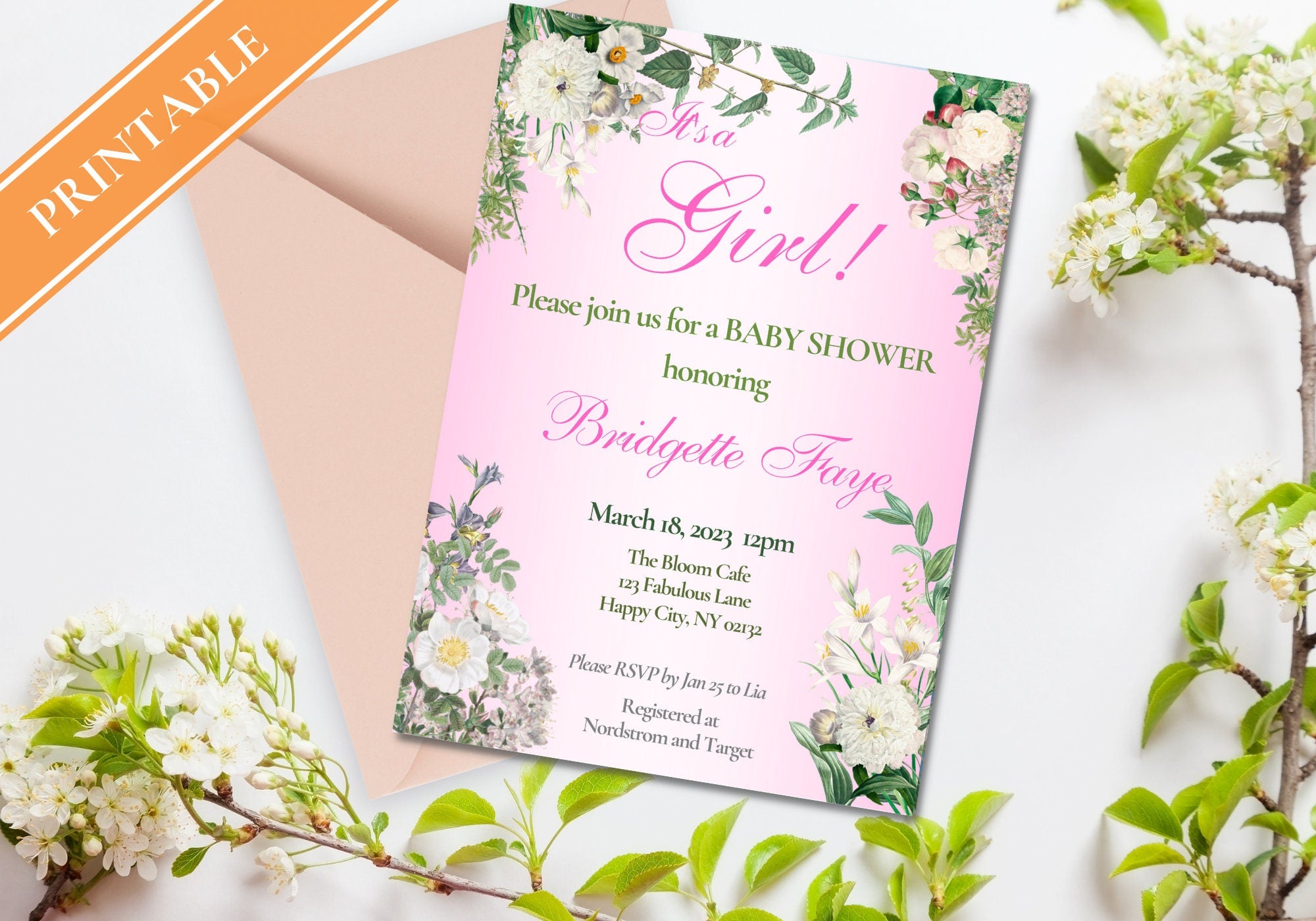 BABY GIRL Shower Party Invitation Template - Baby Reveal BABY Shower Invite First Born | Beautiful White Florals in Pink