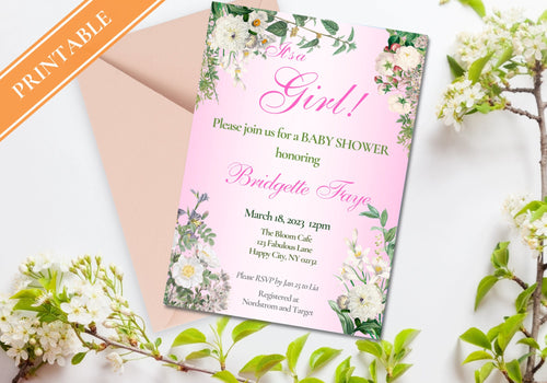 BABY GIRL Shower Party Invitation Template - Baby Reveal BABY Shower Invite First Born | Beautiful White Florals in Pink