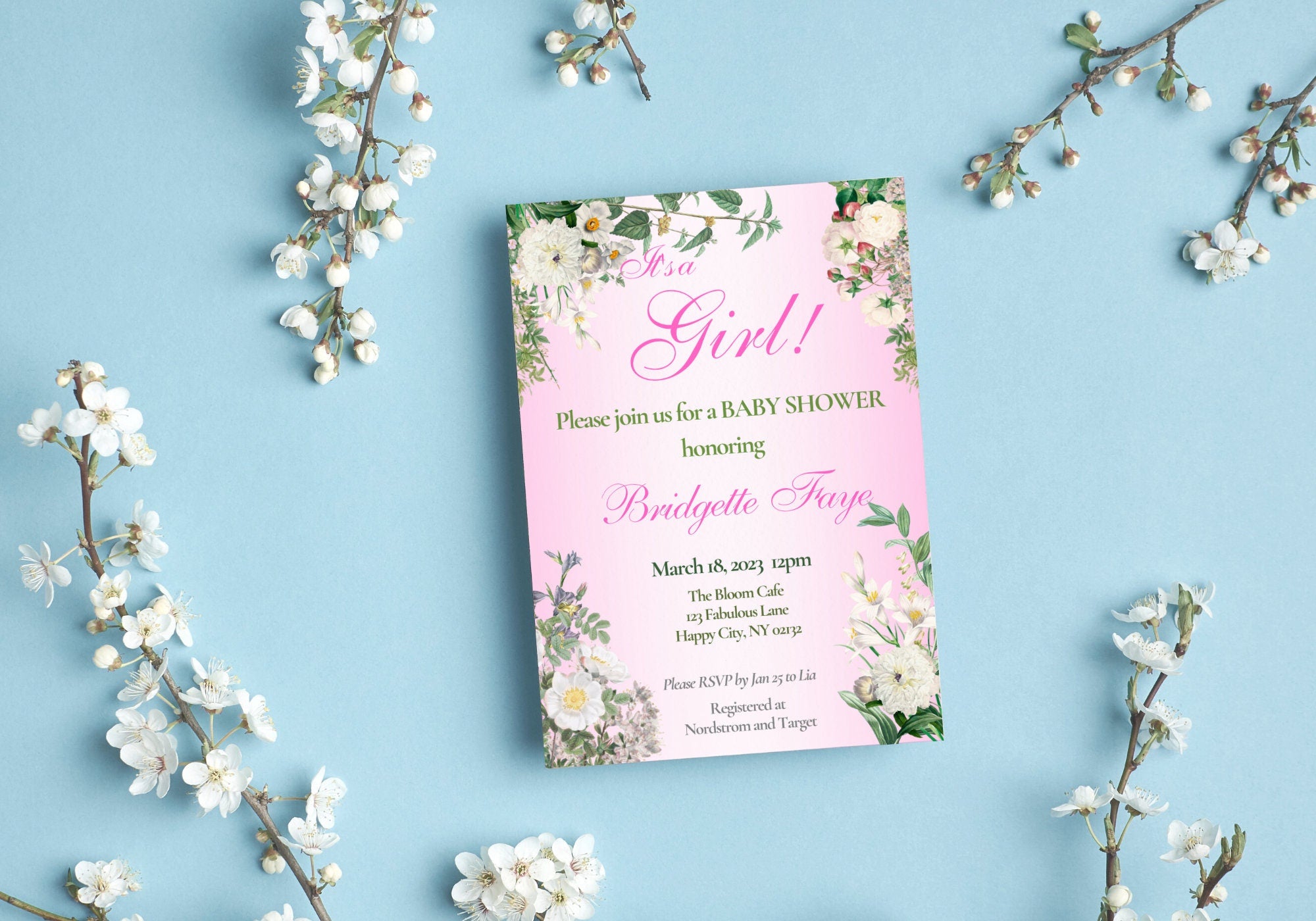 BABY GIRL Shower Party Invitation Template - Baby Reveal BABY Shower Invite First Born | Beautiful White Florals in Pink