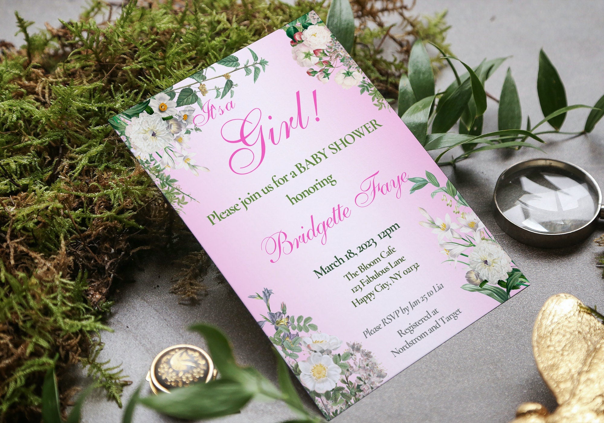 BABY GIRL Shower Party Invitation Template - Baby Reveal BABY Shower Invite First Born | Beautiful White Florals in Pink