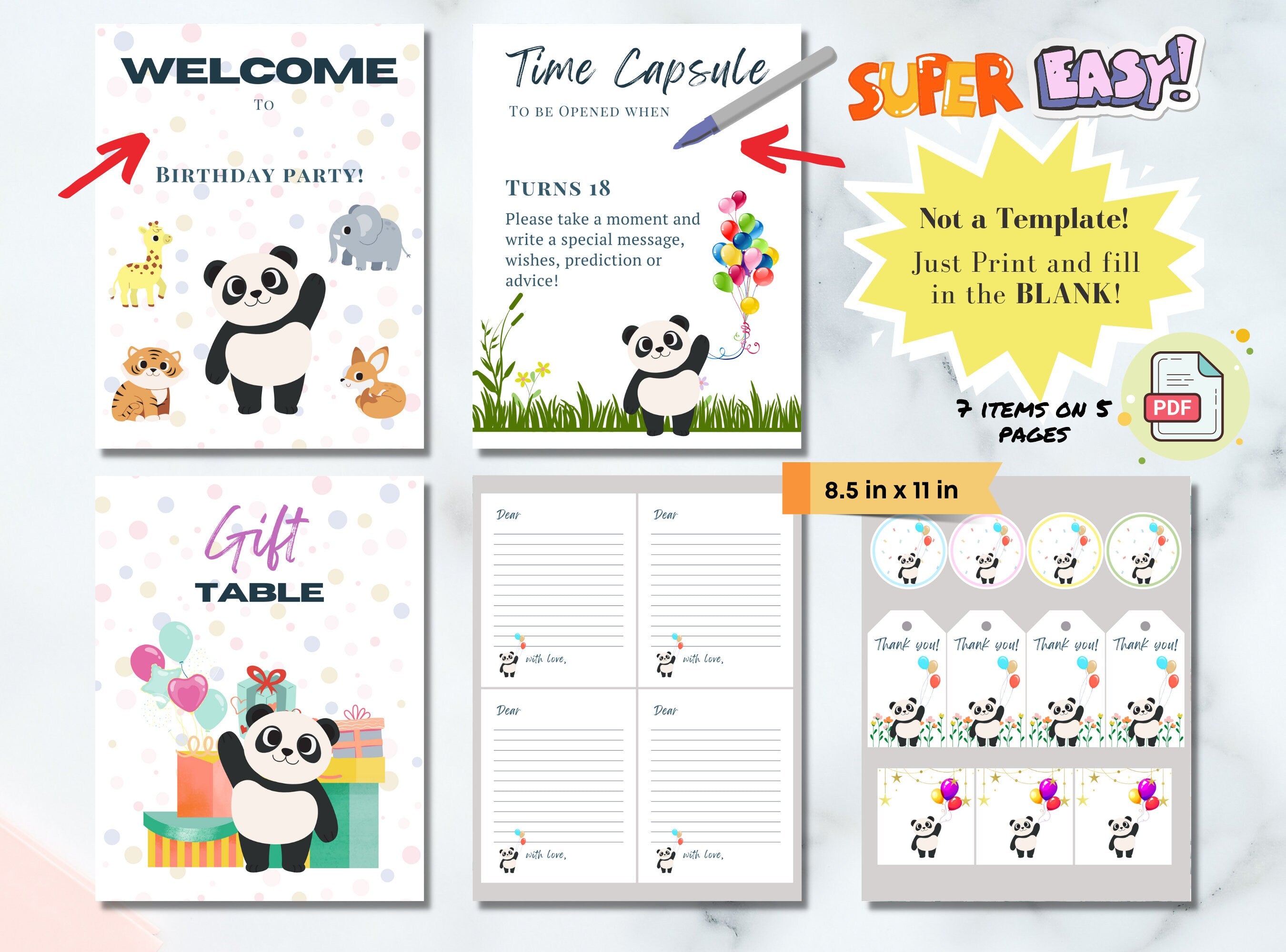 Kids Birthday Panda Party Set Printable Bundle - Welcome Sign, Time Capsule, Gift Table, Thank You Tags, Cup Cake Topper, | Happy Panda