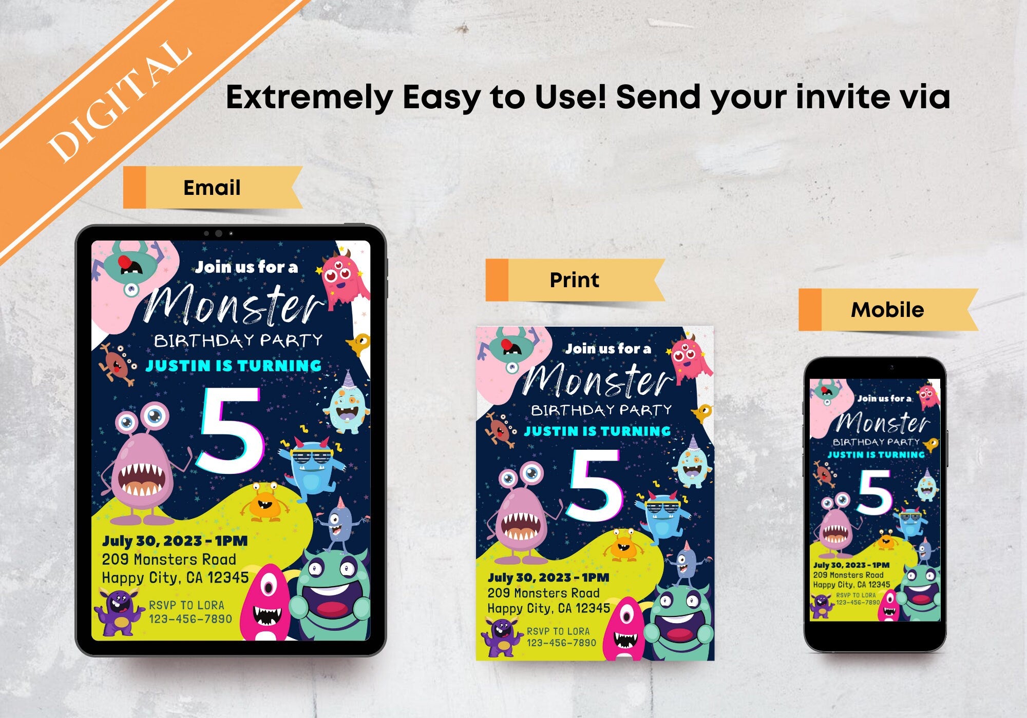 Cute Monsters Birthday Invite - Kids Birthday Invitation, Turning 5, Children's invites - Monster Bash Party Invite