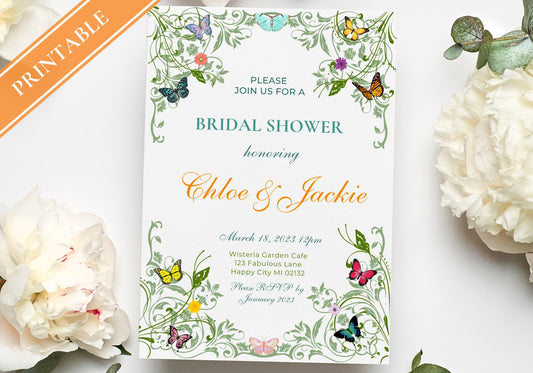 Butterfly BRIDAL Shower Party Invitation TEMPLATE - BABY Shower, Bridal Party Invite | Butterflies with Floral Greenery Motif