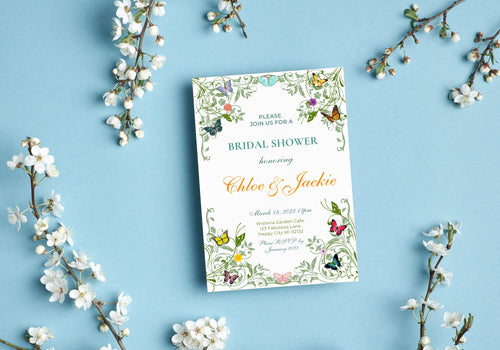 Butterfly BRIDAL Shower Party Invitation TEMPLATE - BABY Shower, Bridal Party Invite | Butterflies with Floral Greenery Motif