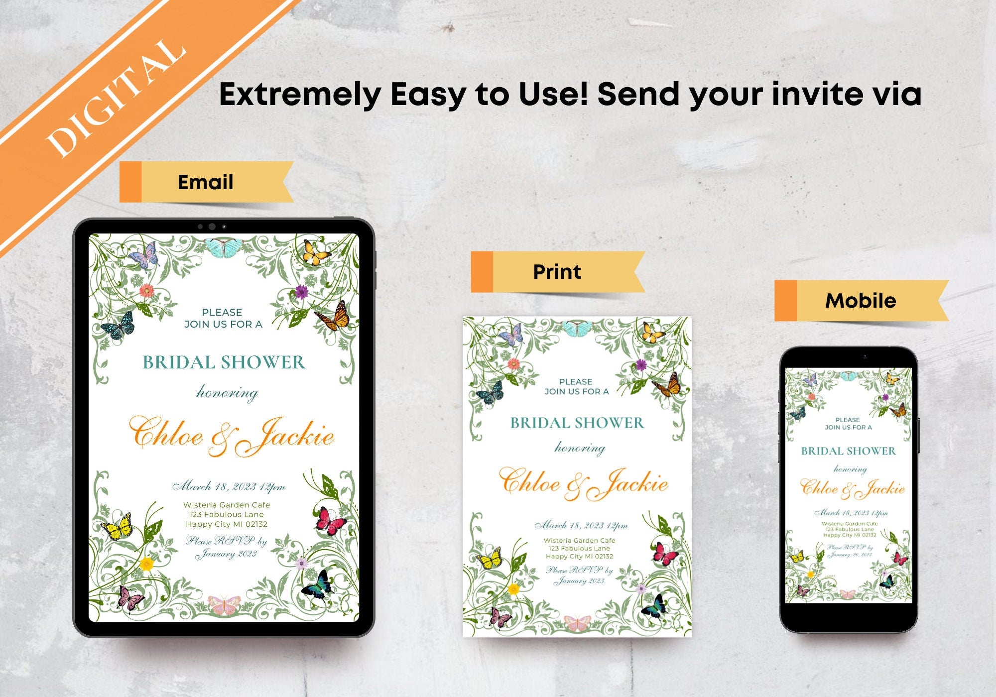 Butterfly BRIDAL Shower Party Invitation TEMPLATE - BABY Shower, Bridal Party Invite | Butterflies with Floral Greenery Motif