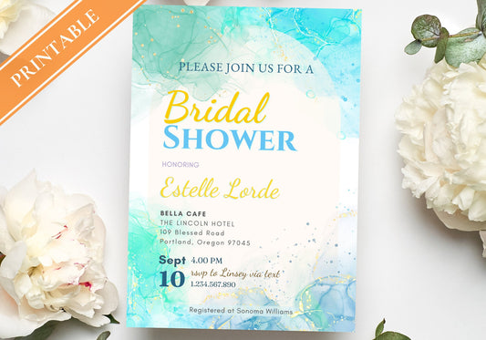 Alcohol Ink Bridal Shower Invite Template - Sky Ocean Blue Invite, Baby Shower Invite, Glittery confetti Gold