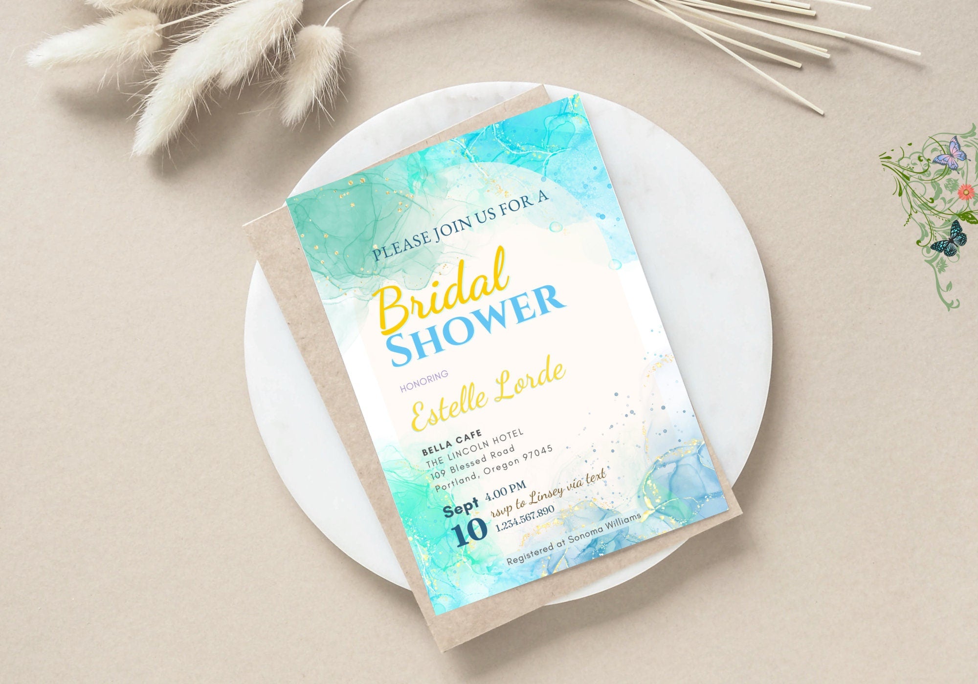 Alcohol Ink Bridal Shower Invite Template - Sky Ocean Blue Invite, Baby Shower Invite, Glittery confetti Gold