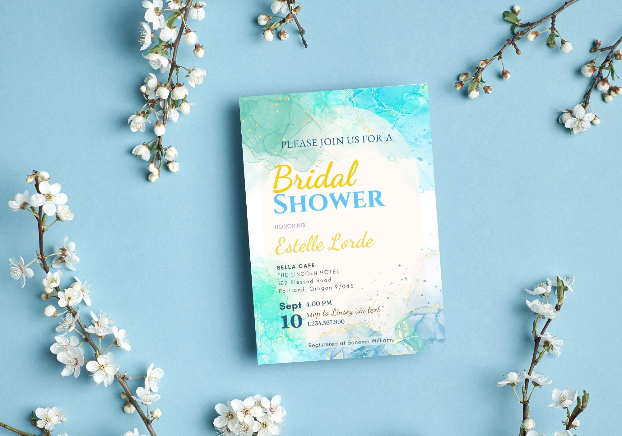 Alcohol Ink Bridal Shower Invite Template - Sky Ocean Blue Invite, Baby Shower Invite, Glittery confetti Gold