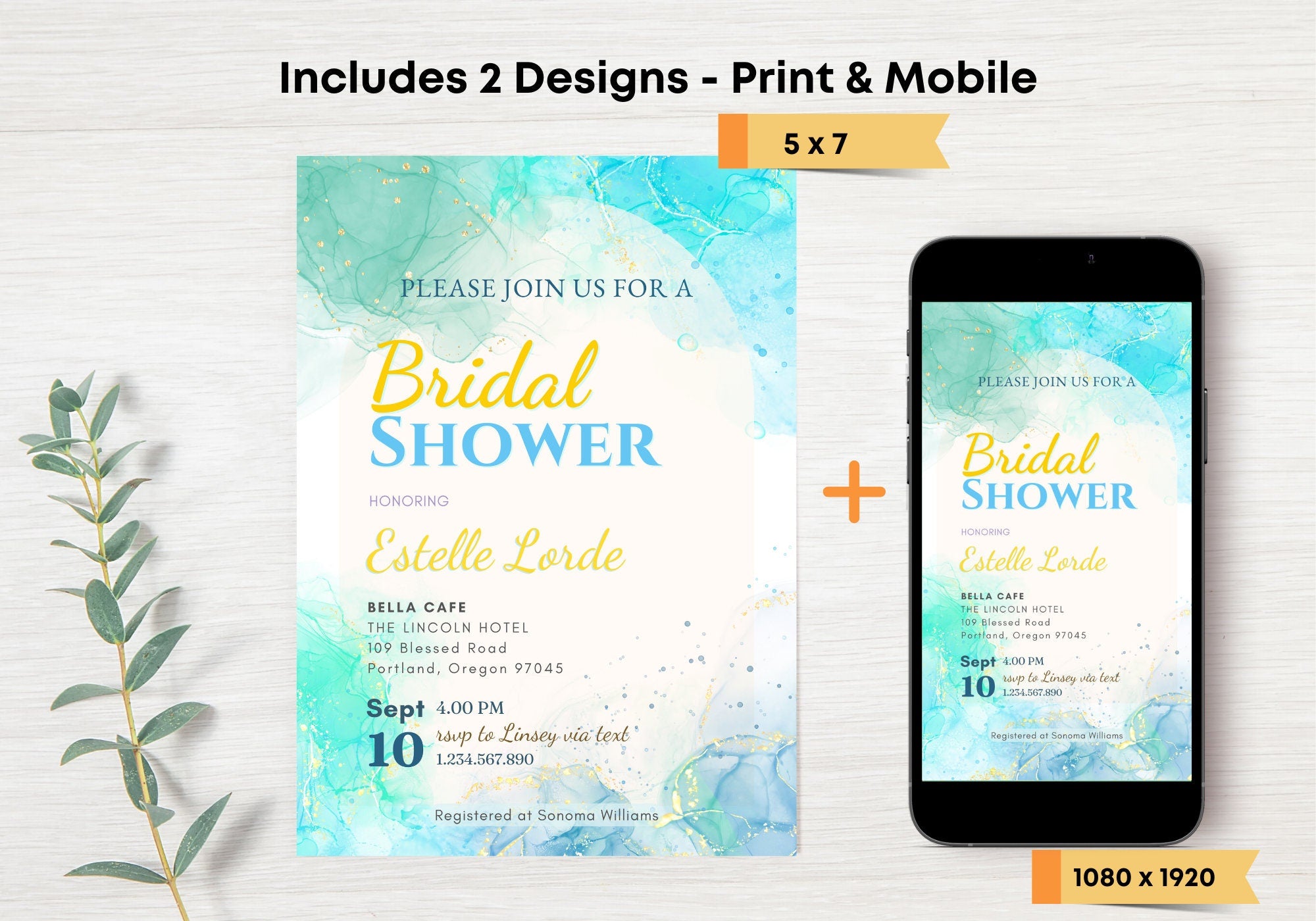 Alcohol Ink Bridal Shower Invite Template - Sky Ocean Blue Invite, Baby Shower Invite, Glittery confetti Gold