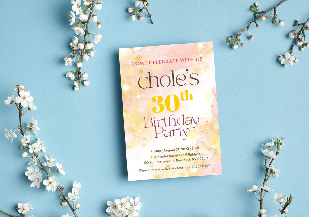 30th Party Invite Starry Alcohol Ink Birthday  - 30th 40th 50th Birthday Dreamy Pink Peach Stars Glitter Gold Confetti