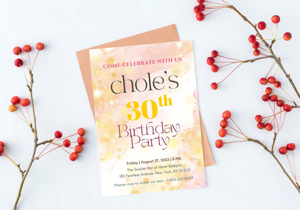 30th Party Invite Starry Alcohol Ink Birthday  - 30th 40th 50th Birthday Dreamy Pink Peach Stars Glitter Gold Confetti