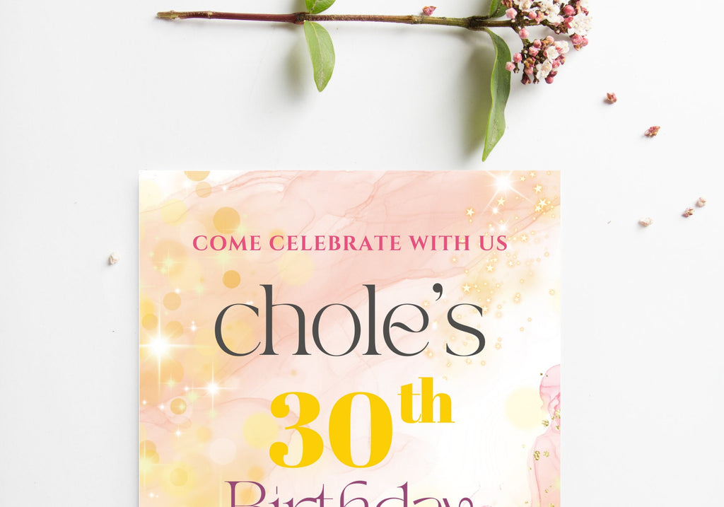 30th Party Invite Starry Alcohol Ink Birthday  - 30th 40th 50th Birthday Dreamy Pink Peach Stars Glitter Gold Confetti