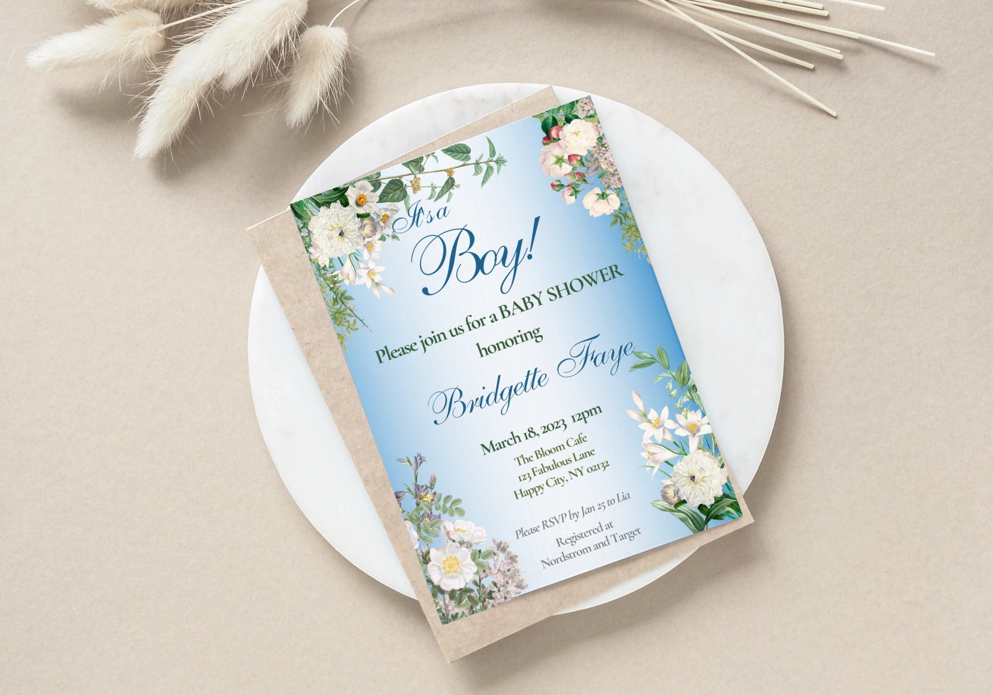 BABY BOY Shower Party Invitation Template - Baby Reveal BABY Shower Invite | Beautiful White Florals Baby Blue