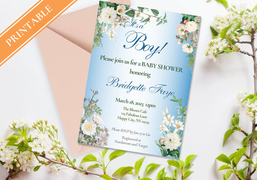 BABY BOY Shower Party Invitation Template - Baby Reveal BABY Shower Invite | Beautiful White Florals Baby Blue