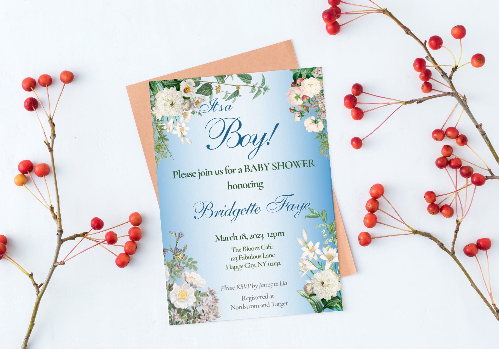 BABY BOY Shower Party Invitation Template - Baby Reveal BABY Shower Invite | Beautiful White Florals Baby Blue