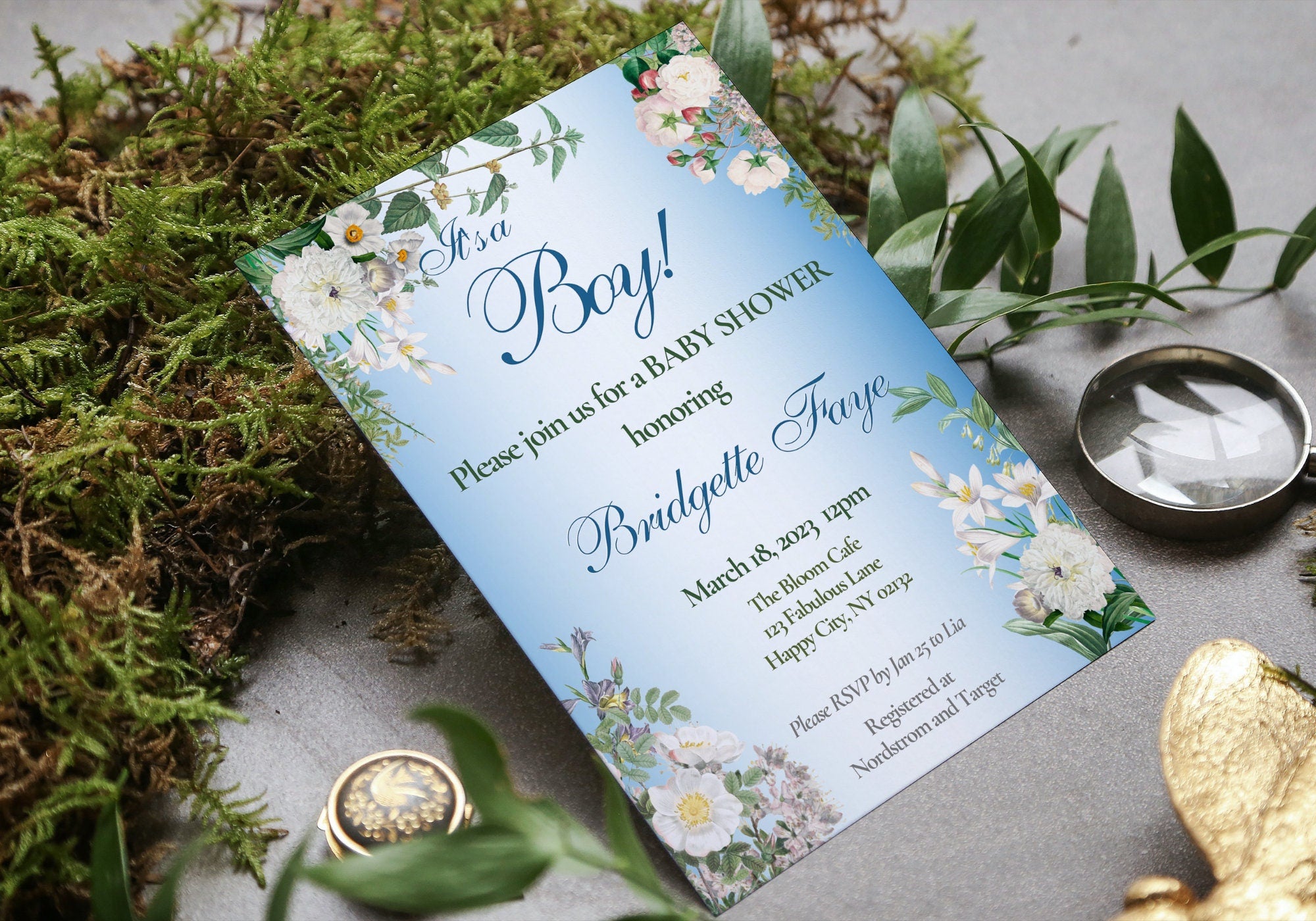 BABY BOY Shower Party Invitation Template - Baby Reveal BABY Shower Invite | Beautiful White Florals Baby Blue