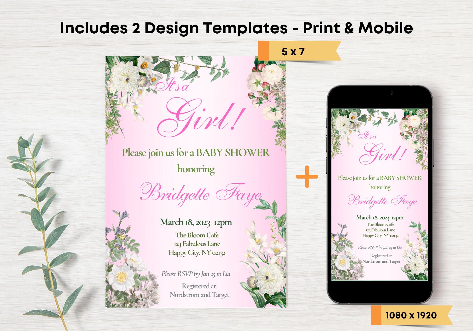 BABY GIRL Shower Party Invitation Template - Baby Reveal BABY Shower Invite First Born | Beautiful White Florals in Pink