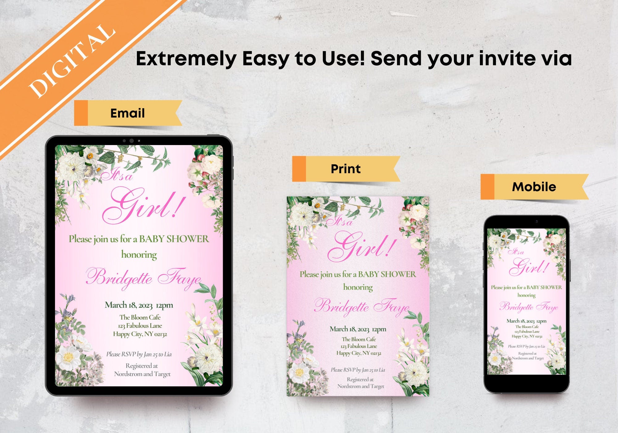 BABY GIRL Shower Party Invitation Template - Baby Reveal BABY Shower Invite First Born | Beautiful White Florals in Pink