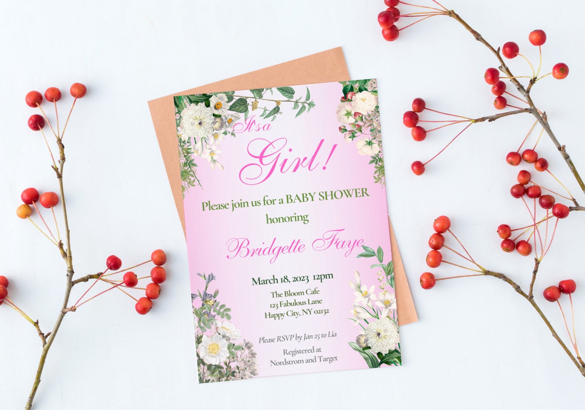 BABY GIRL Shower Party Invitation Template - Baby Reveal BABY Shower Invite First Born | Beautiful White Florals in Pink