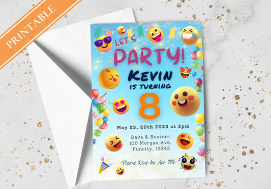 Cute Happy Emojis Birthday Invite - Kids Birthday Invitation, Turning 8, Children's invites - Let's Party Smiley Faces Emojis Party Invite