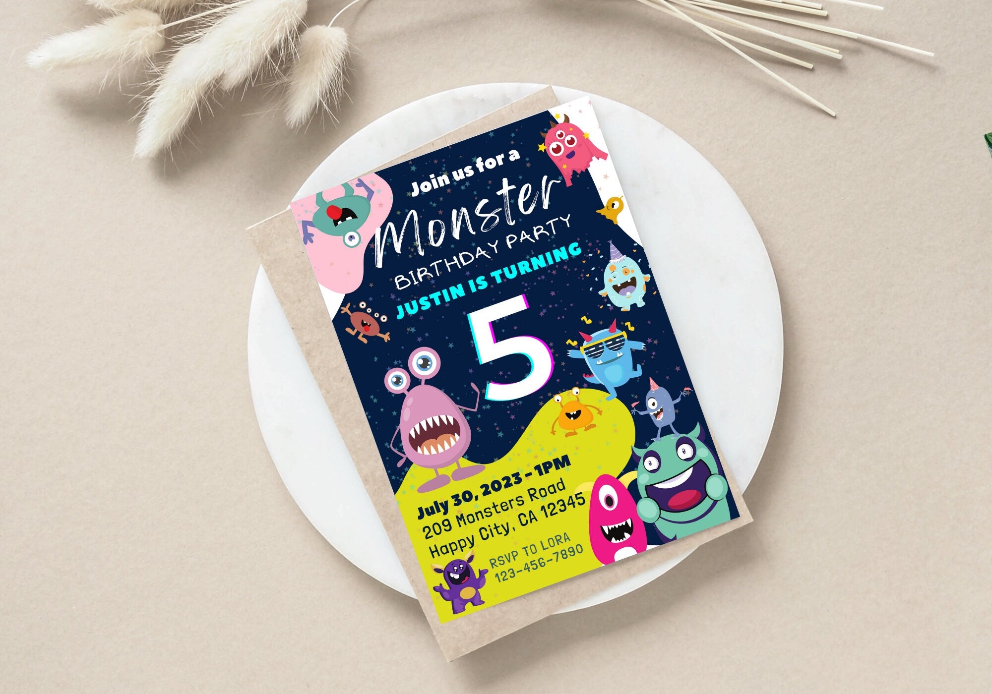 Cute Monsters Birthday Invite - Kids Birthday Invitation, Turning 5, Children's invites - Monster Bash Party Invite