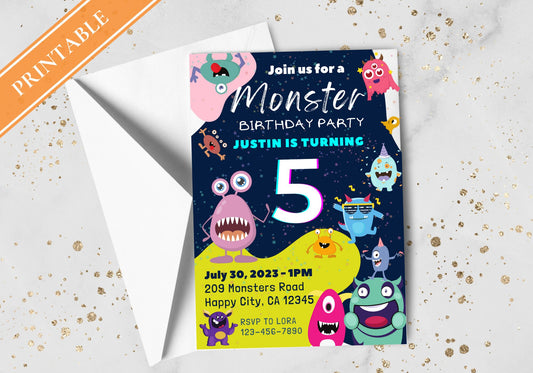 Cute Monsters Birthday Invite - Kids Birthday Invitation, Turning 5, Children's invites - Monster Bash Party Invite