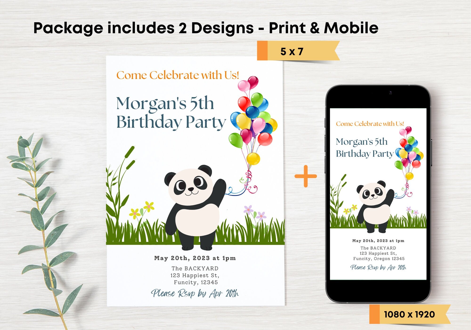 Panda Kids Birthday Party Invitation Template -Panda 5th Happy Birthday Toddler, Digital Invite, Balloons | Happy Panda